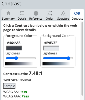 The WAVE color contrast checker with two colors that show as passing in both the WCAG AA and WCAG AAA standards.
