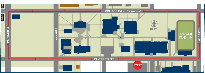Map of the Homecoming Parade Route: Starts on Center Street going West, turns right onto Main Street, then turns right on College Avenue (100 North), turns right on 400 East, and ends on Center Street.
